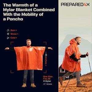 PREPARED4X Emergency Rain Poncho with Mylar Blanket Liner – Survival Blankets for Car – Heavy Duty, Waterproof Camping Gear